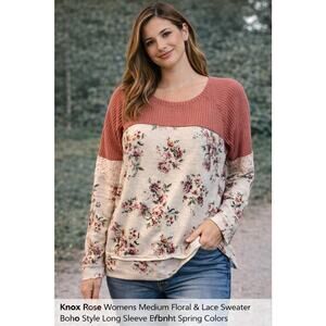 Knox Rose Women’s Medium Floral and Lace Sweater Boho Style Long Sleeve Spring